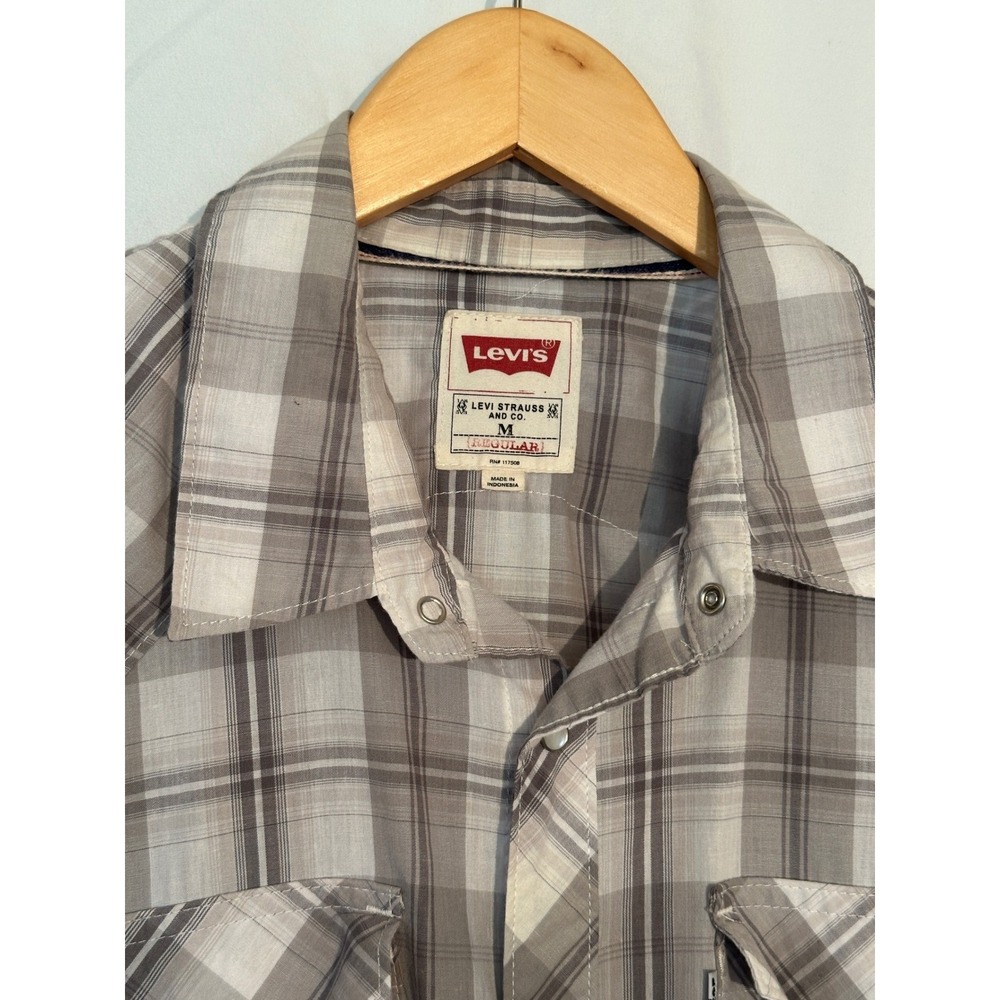 Levis Mens Grey‎ Plaid Long Sleeve Pearl Snap Western Shirt Regular Fit Medium